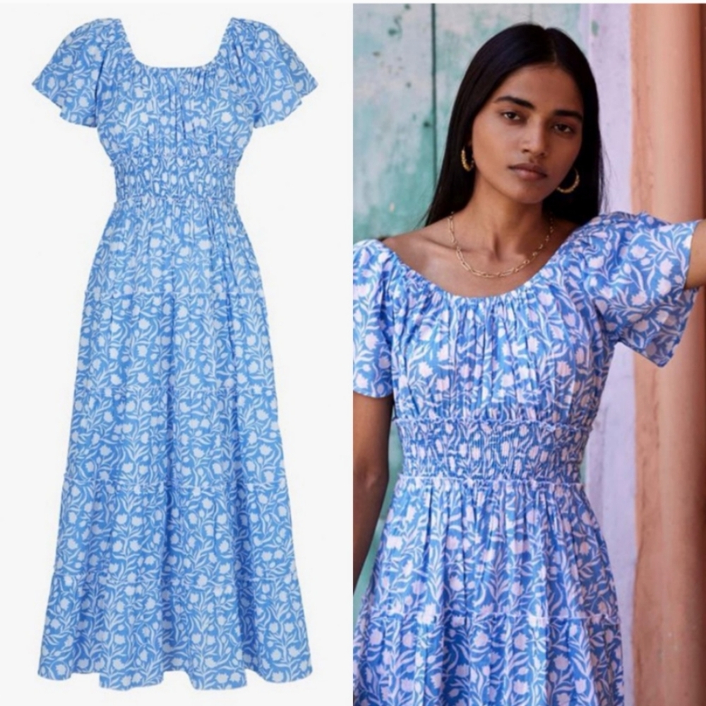 Blue Floral Maxi Dress with Smocked Waist